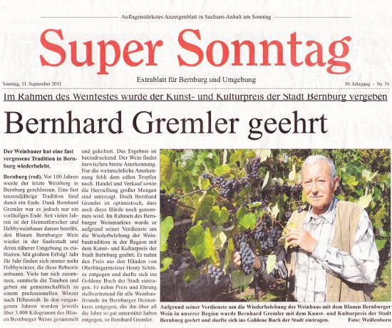 Pressebeitrag Super Sonntag 'Bernhard Gremler geehrt'